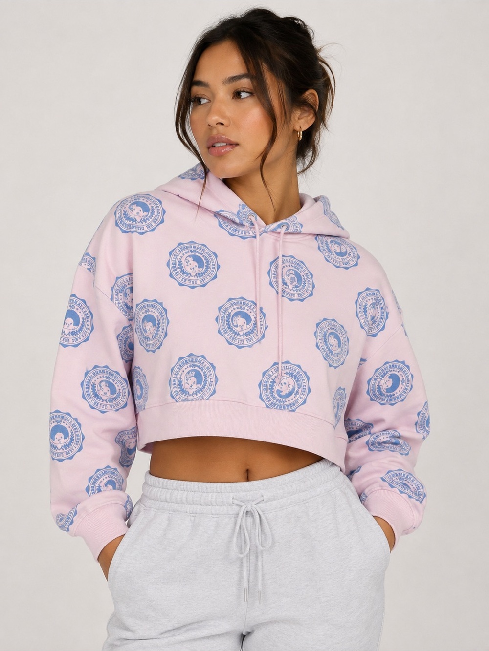 Monchhichi Women’s M Cropped Hoodie All Over Logo Oversized Sweatshirt Pink